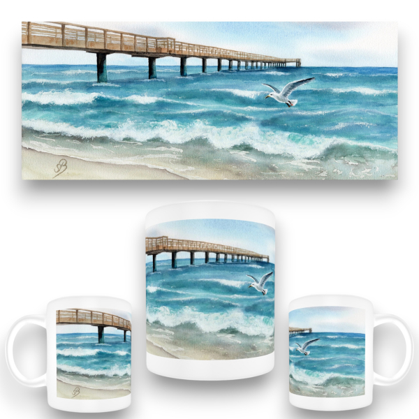 Tasse Becher Kaffeebecher Aquarell Maritim Kunst Druck Kunstdruck Ostsee - Seebrücke  Möwe