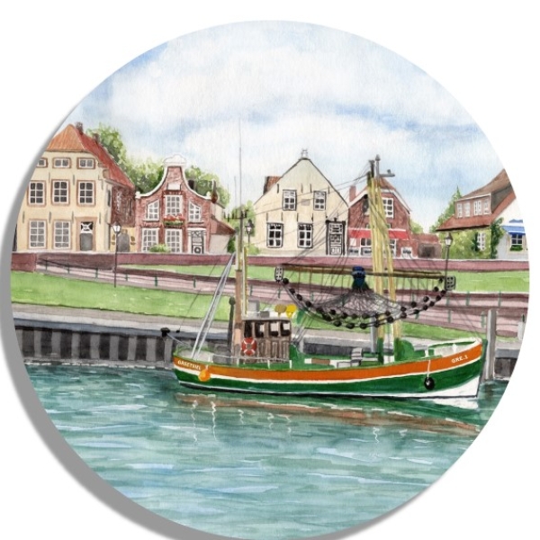 Untersetzer Glasuntersetzer rund 9,5 cm Aquarell Maritim Kunst Druck Kunstdruck Nordsee Ostfriesland Greetsiel Hafen