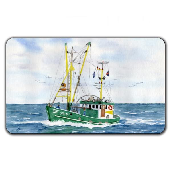 Breakfast board  Watercolor Maritime Art Print Denmark North Sea Baltic Sea Fishing boat green fisherboat cutter Seagulls Greetsiel