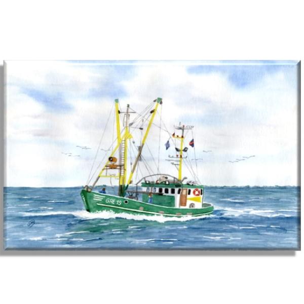 Leinwand 30 x 20 cm Keilrahmen Canvas-Leinen  Aquarell Maritim Kunst Druck Kunstdruck Dänemark Nordsee Ostsee Fischerboot Kutter Fischkutter Krabbenkutter grün Ostfriesland Greetsiel Meer Boot Möwen