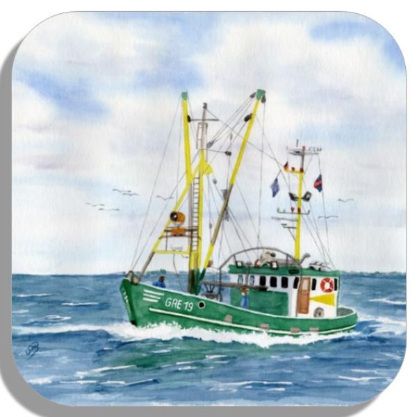 Coasters glass coasters 9,5 x  9,5 cm Watercolor Maritime Art Print Denmark North Sea Baltic Sea Fishing boat green fisherboat cutter Seagulls Greetsiel