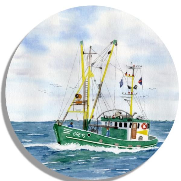 Coasters glass coasters 9,5 x  9,5 cm Watercolor Maritime Art Print Denmark North Sea Baltic Sea Fishing boat green fisherboat cutter Seagulls Greetsiel