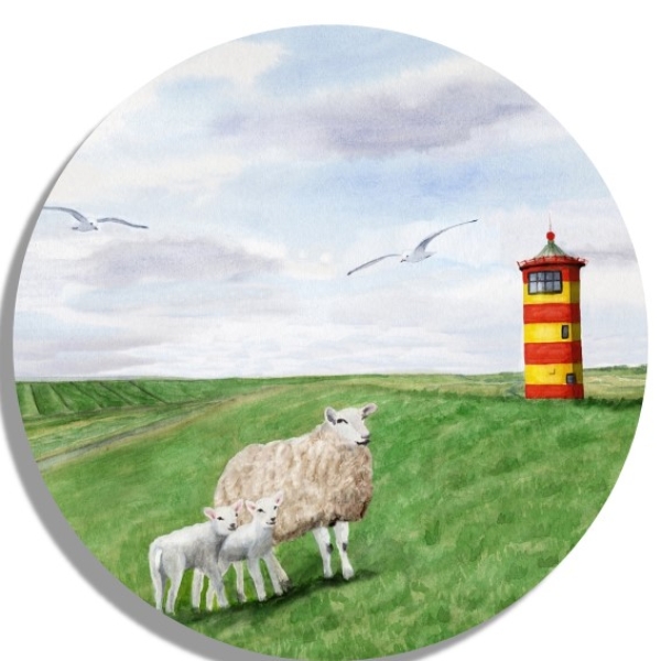 Untersetzer Glasuntersetzer rund 9,5 cm Aquarell Maritim Kunst Druck Kunstdruck Nordsee Ostfriesland Greetsiel Pilsumer Leuchtturm Pilsum Schafe Deich