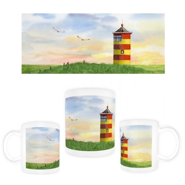Tasse Becher Kaffeebecher Aquarell Maritim Kunst Druck Kunstdruck Nordsee Ostfriesland Greetsiel Pilsumer Leuchtturm Pilsum Schafe Deich