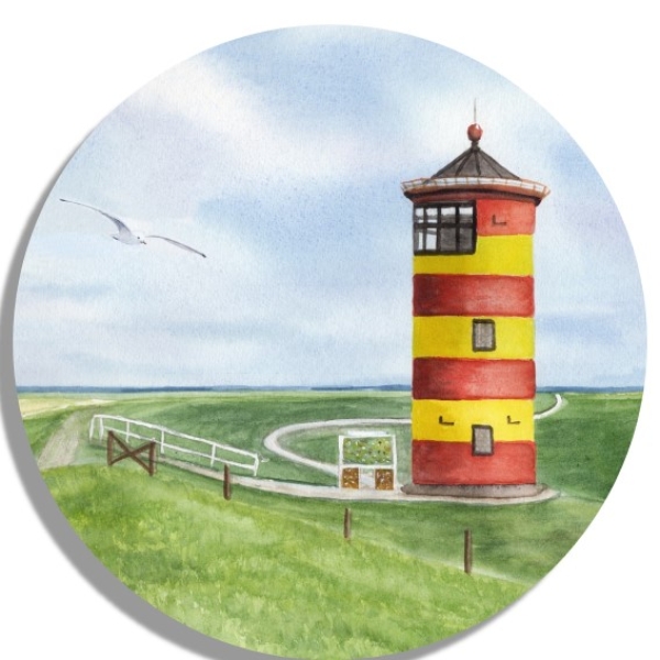Untersetzer Glasuntersetzer rund 9,5 cm Aquarell Maritim Kunst Druck Kunstdruck Nordsee Ostfriesland Greetsiel Pilsumer Leuchtturm Pilsum Schafe Deich