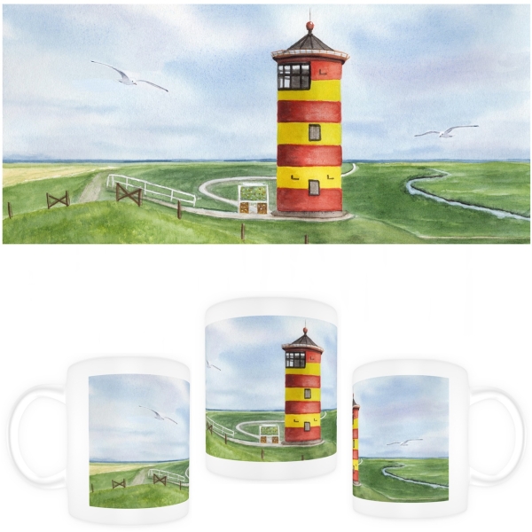 Tasse Becher Kaffeebecher Aquarell Maritim Kunst Druck Kunstdruck Nordsee Ostfriesland Greetsiel Pilsumer Leuchtturm Pilsum Schafe Deich