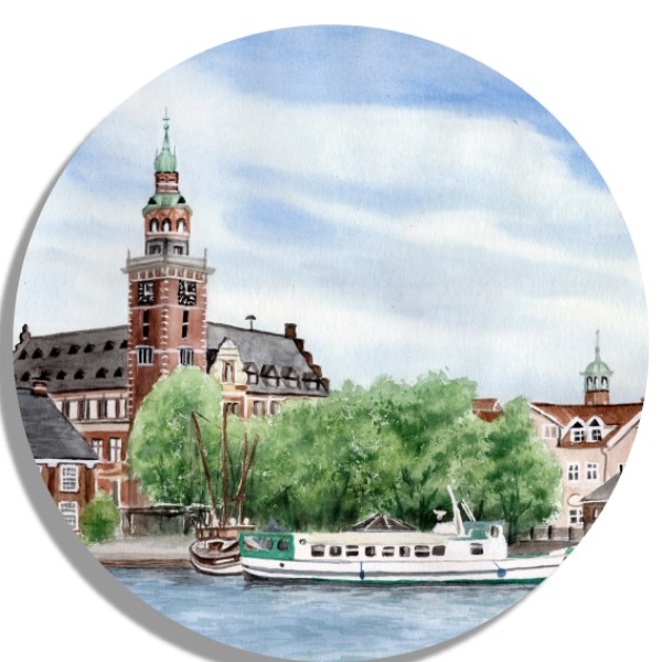 Untersetzer Glasuntersetzer rund 9,5 cm Aquarell Maritim Kunst Druck Kunstdruck Nordsee Ostfriesland Rathaus Leer