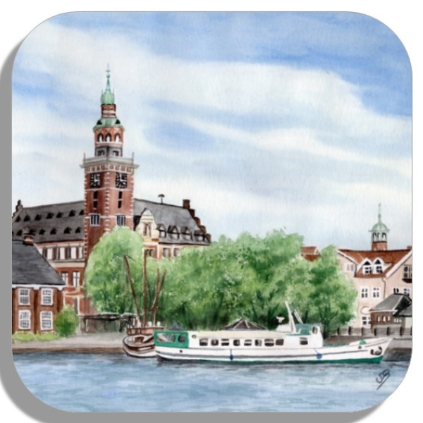 Untersetzer Glasuntersetzer 9,5 x 9,5 cm  Aquarell Maritim Kunst Druck Kunstdruck Nordsee Ostfriesland Rathaus Leer