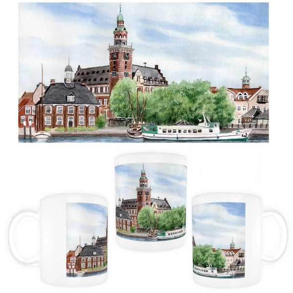 Tasse Becher Kaffeebecher  Aquarell Maritim Kunst Druck Kunstdruck Nordsee Ostfriesland Rathaus Leer