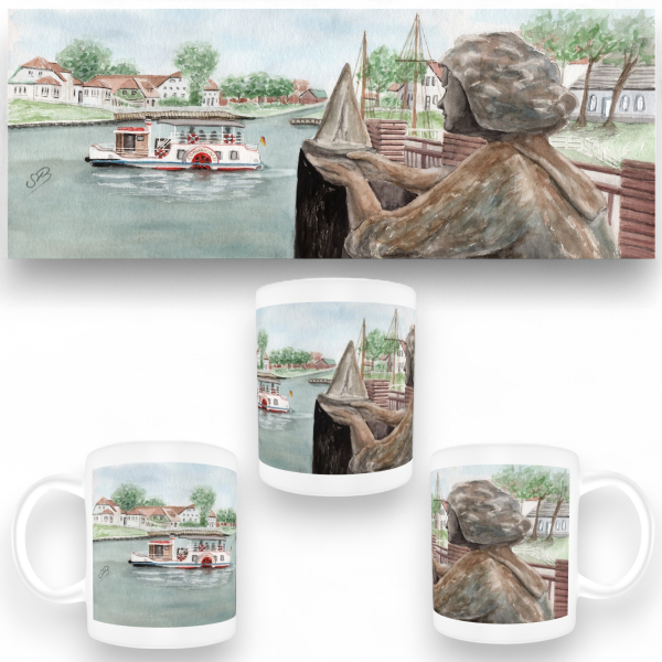 Tasse Becher Kaffeebecher  Aquarell Maritim Kunst Druck Kunstdruck Nordsee Ostfriesland  Carolinensiel - Caroline mit Raddampfer - OFL13