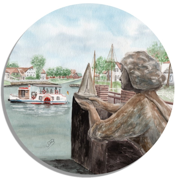 Untersetzer Glasuntersetzer rund 9,5 cm Aquarell Maritim Kunst Druck Kunstdruck Nordsee Ostfriesland Carolinensiel - Caroline mit Raddampfer - OFL13