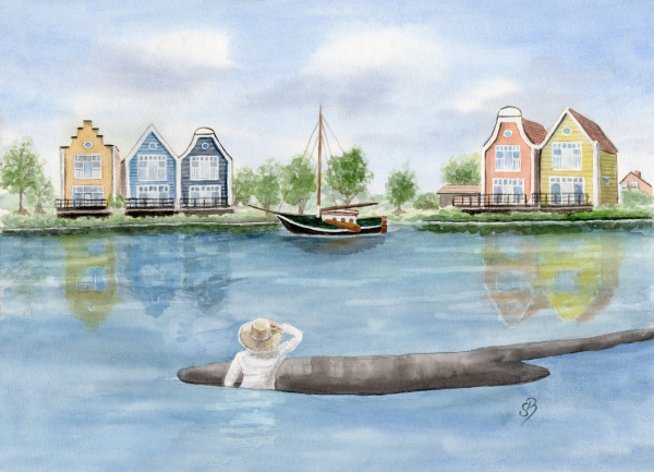 Postkarte DIN-A5 Aquarell Maritim Kunst Druck Kunstdruck Nordsee Ostfriesland Fischerboot Fischerhäuschen  Neuharlingersiel OFL14