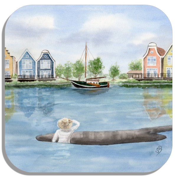 Untersetzer Glasuntersetzer 9,5 x 9,5 cm  Aquarell Maritim Kunst Druck Kunstdruck Nordsee Ostfriesland Fischerboot Fischerhäuschen  Neuharlingersiel OFL14