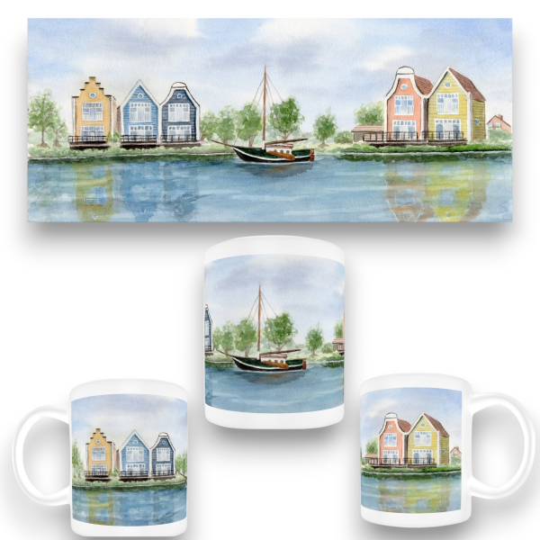 Tasse Becher Kaffeebecher  Aquarell Maritim Kunst Druck Kunstdruck Nordsee Ostfriesland Fischerboot Fischerhäuschen  Neuharlingersiel OFL14
