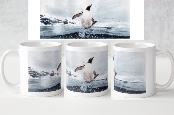 Tasse Becher Kaffeebecher  Aquarell Kunst Druck Kunstdruck Pinguin