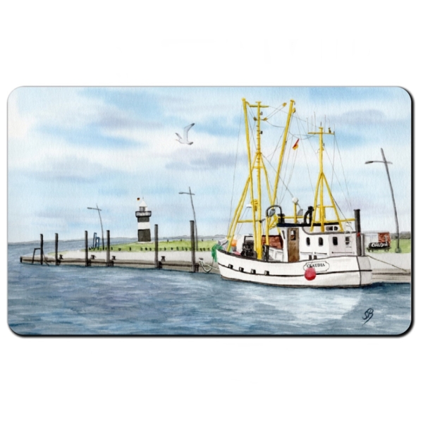 Breakfast board Watercolor Maritime Art Print North Sea Cuxhaven Fishing boat white Claudia cutter Wremen Ocean Wurster Nordseeküste