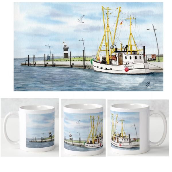 Cup Coffee Cup Mug Watercolor Maritime Art Print Denmark North Sea Baltic Sea Fishing boat white fisherboat cutter Seagulls Wremen
