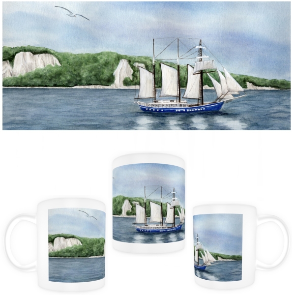 Tasse Becher Kaffeebecher Aquarell Maritim Kunst Druck Kunstdruck Ostsee Rügen Kreidefelsen Insel Felsen