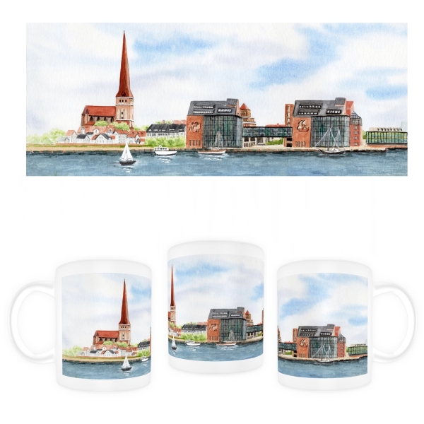 Tasse Becher Kaffeebecher Aquarell Maritim Kunst Druck Kunstdruck Ostsee Rostock vom Flußufer Warnow RO1