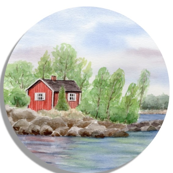 Untersetzer Glasuntersetzer rund 9,5 cm Aquarell Kunst Druck Kunstdruck Schweden Sweden Sverige Schären Haus Inseln See