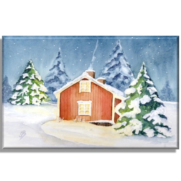 Leinwand 30 x 20 cm Keilrahmen Canvas-Leinen Aquarell Kunst Druck Kunstdruck Schweden Sweden Sverige Haus im Winter Winterhaus Schnee Wald
