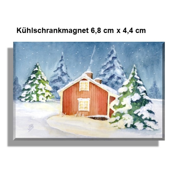 Kühlschrankmagnet  Aquarell Kunst Druck Kunstdruck Schweden Sweden Sverige Haus im Winter Winterhaus Schnee Wald