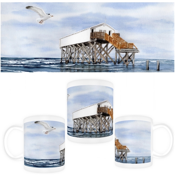 Cup Coffee Cup Mug Watercolor Maritime Art Print North Sea St. Peter Ording SPO Westerhever Pile Construction Ocean Beach