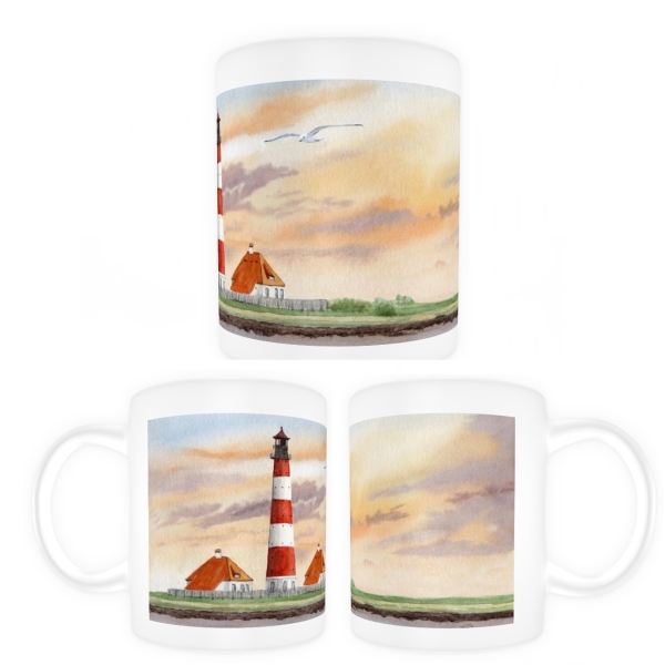 Tasse Becher Kaffeebecher Aquarell Maritim Kunst Druck Kunstdruck Nordsee St. Peter Ording SPO Westerhever Leuchtturm Meer Strand