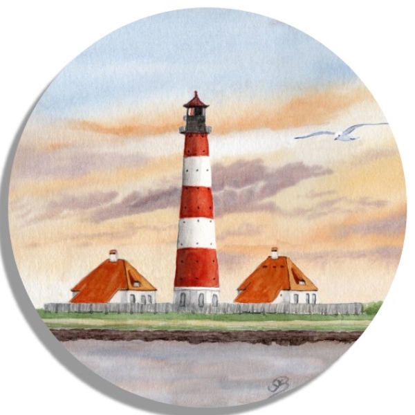 Untersetzer Glasuntersetzer rund 9,5 cm  Aquarell Maritim Kunst Druck Kunstdruck Nordsee St. Peter Ording SPO Westerhever Leuchtturm  Meer Strand