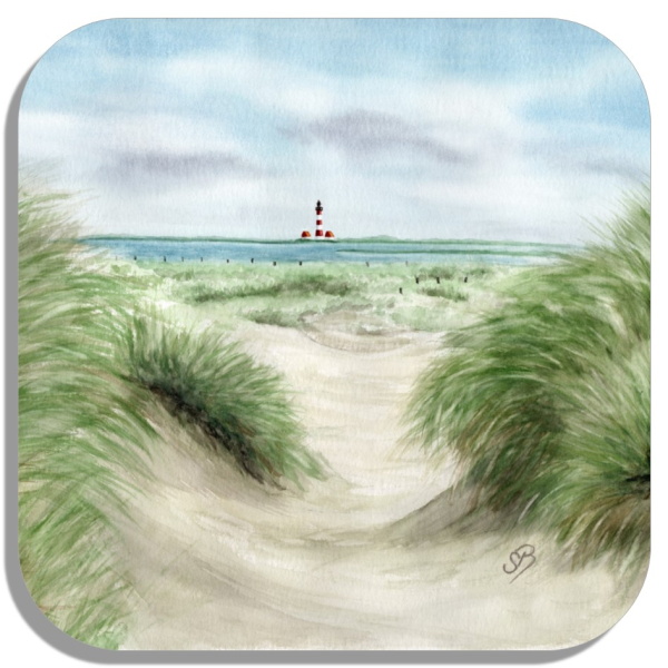 Untersetzer Glasuntersetzer 9,5 x 9,5 cm Aquarell Maritim Kunst Druck Kunstdruck Nordsee St. Peter Ording SPO Westerhever Leuchtturm Meer Strand