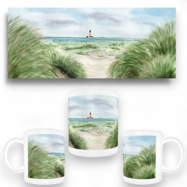 Cup Coffee Cup Mug Watercolor Maritime Art Print North Sea St. Peter Ording SPO Westerhever Lighthouse Ocean Beach