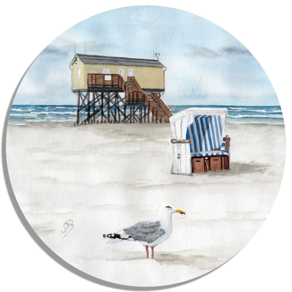 Untersetzer Glasuntersetzer rund 9,5 cm  Aquarell Maritim Kunst Druck Kunstdruck Nordsee St. Peter Ording SPO Westerhever Pfahlbau Pfahlbauten Meer Strand