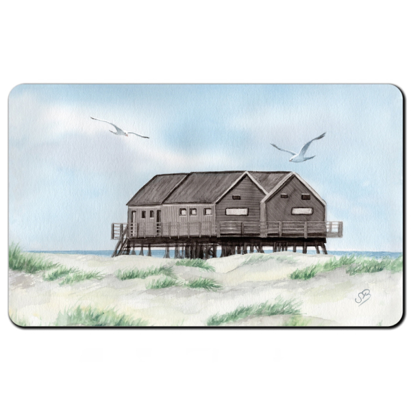 Frühstücksbrettchen Brettchen  Aquarell Maritim Kunst Druck Kunstdruck Nordsee St. Peter Ording SPO Westerhever Pfahlbau Pfahlbauten  Meer Strand