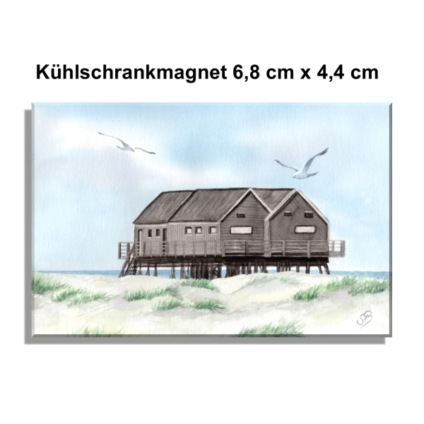 Kühlschrankmagnet   Aquarell Maritim Kunst Druck Kunstdruck Nordsee St. Peter Ording SPO Westerhever Pfahlbau Pfahlbauten Meer Strand