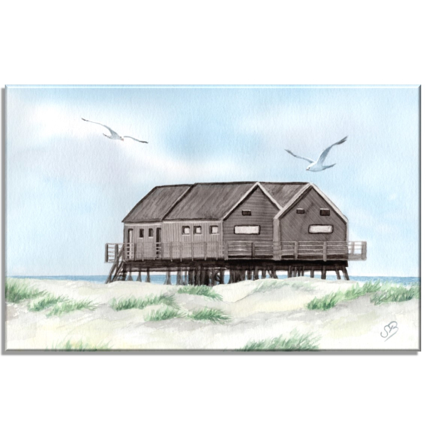 Leinwand 40 x 30 cm Keilrahmen Canvas-Leinen  Aquarell Maritim Kunst Druck Kunstdruck Nordsee St. Peter Ording SPO Westerhever Pfahlbau Pfahlbauten Meer Strand