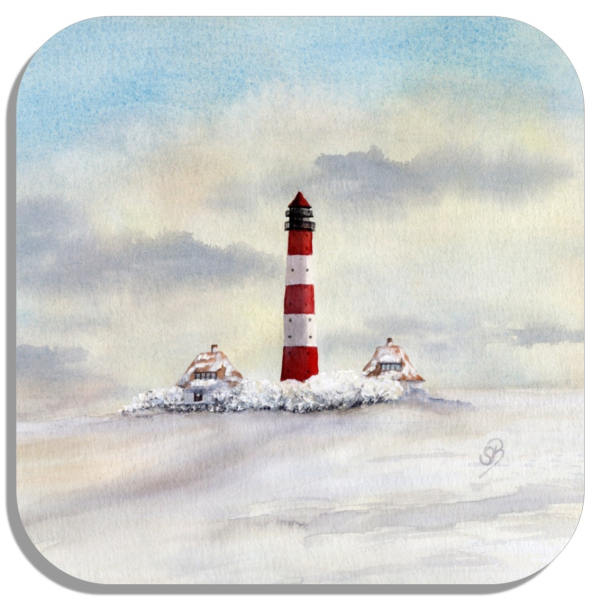 Untersetzer Glasuntersetzer 9,5 x 9,5 cm Aquarell Maritim Kunst Druck Kunstdruck Nordsee St. Peter Ording SPO Westerhever Leuchtturm Meer Strand