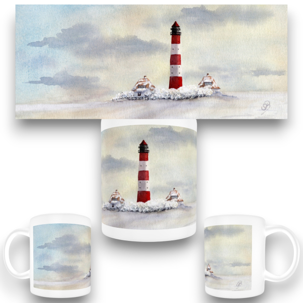 Tasse Becher Kaffeebecher Aquarell Maritim Kunst Druck Kunstdruck Nordsee St. Peter Ording SPO Westerhever Leuchtturm Meer Strand