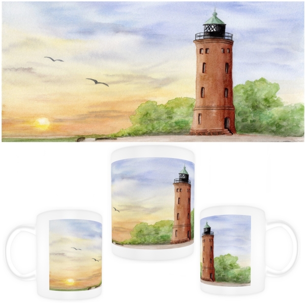 Tasse Becher Kaffeebecher Aquarell Maritim Kunst Druck Kunstdruck Nordsee St. Peter Ording SPO Westerhever Leuchtturm Meer Strand