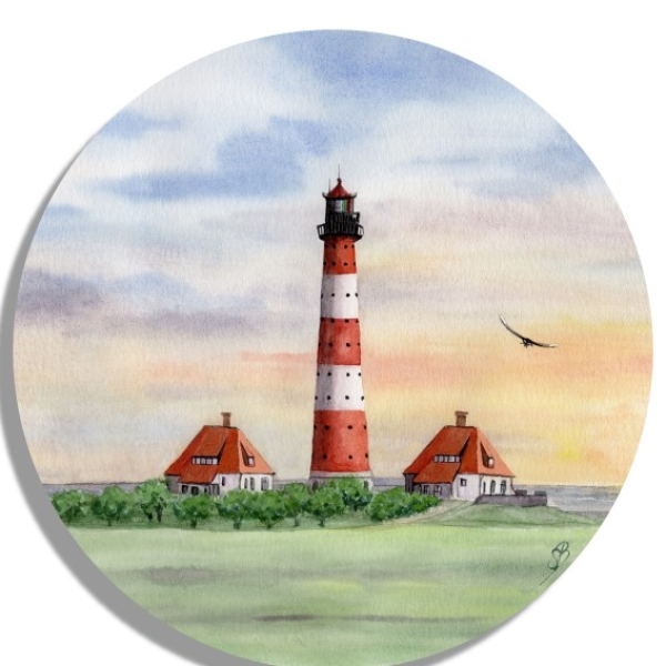 Coasters glass coasters 9,5 x  9,5 cm  Watercolor Maritime Art Print North Sea St. Peter Ording SPO Westerhever Lighthouse Ocean Beach