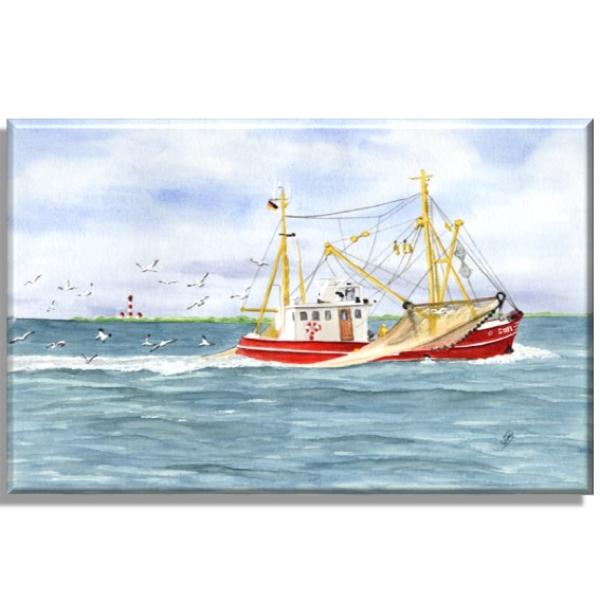 Leinwand 30 x 20 cm Keilrahmen Canvas-Leinen Aquarell Maritim Kunst Druck Kunstdruck Dänemark Nordsee Ostsee Fischerboot Kutter Fischkutter Krabbenkutter rot Meer Boot Möwen