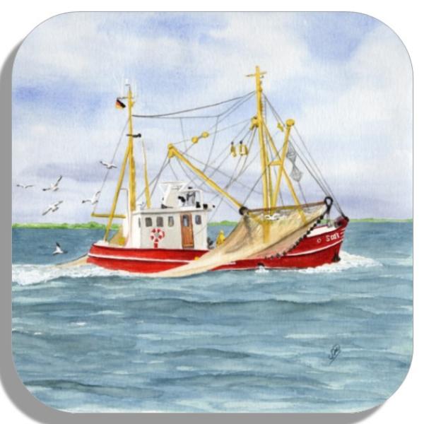 Coasters glass coasters 9,5 x  9,5 cm  Watercolor Maritime Art Print Denmark North Sea Baltic Sea Fishing boat  fisherboat cutter Seagulls