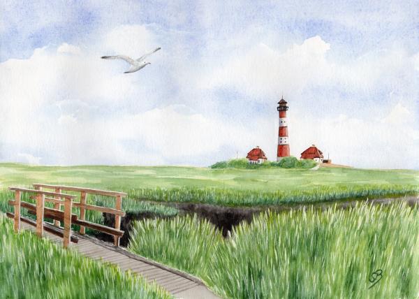 Folienmagnet Aquarell Maritim Kunst Druck Kunstdruck Nordsee St. Peter Ording SPO Westerhever Leuchtturm Meer Strand