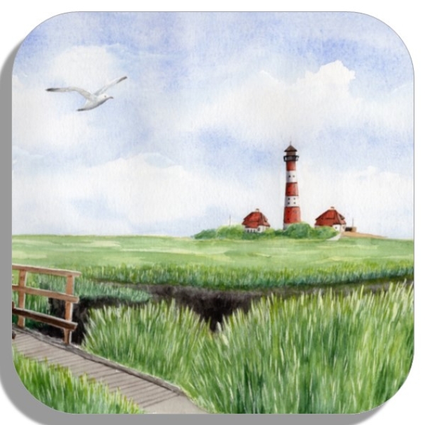 Coasters glass coasters 9,5 x  9,5 cm Watercolor Maritime Art Print North Sea St. Peter Ording SPO Westerhever Lighthouse Ocean Beach