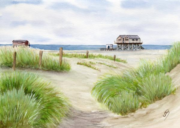 Folienmagnet Aquarell Maritim Kunst Druck Kunstdruck Nordsee St. Peter Ording SPO Westerhever Pfahlbau Pfahlbauten Meer Strand