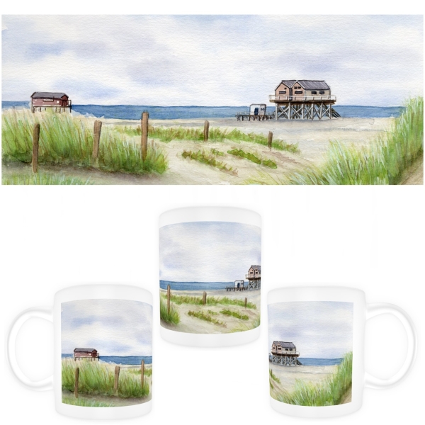 Cup Coffee Cup Mug Watercolor Maritime Art Print North Sea St. Peter Ording SPO Westerhever Pile Construction Ocean Beach