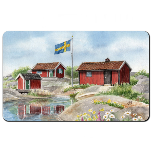 Breakfast Board watercolor art print Sweden Sverige house in the archipelago by the lake island