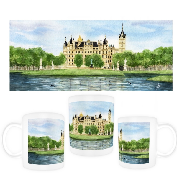 Tasse Becher Kaffeebecher Aquarell Maritim Kunst Druck Kunstdruck Ostsee Schweriner Schloss  - Schlossgarten Ansicht - SCH2