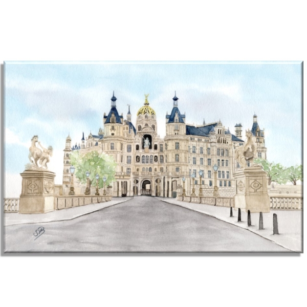 Leinwand 30 x 20 cm Keilrahmen Canvas-Leinen Aquarell Maritim Kunst Druck Kunstdruck Ostsee Schweriner Schloss  - Schlossgarten Ansicht - SCH2