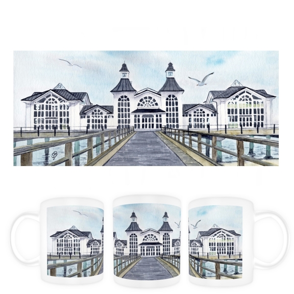 Tasse Becher Kaffeebecher Aquarell Maritim Kunst Druck Kunstdruck Ostsee Rügen Seebrücke Sellin Brücke Steg