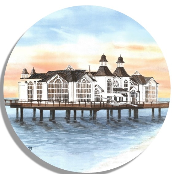 Untersetzer Glasuntersetzer rund 9,5 cm   Aquarell Maritim Kunst Druck Kunstdruck Ostsee Rügen Seebrücke Sellin Brücke Steg